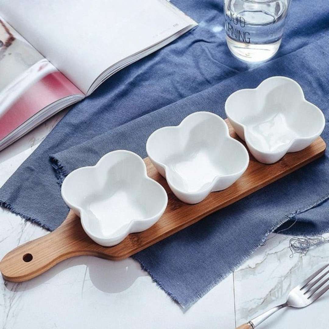 Wood & Ceramic Snack Serving Set