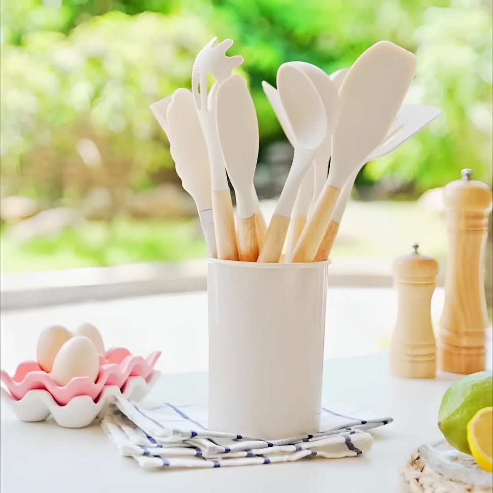 Complete 12pcs Bamboo-Silicone Utensils for Cooking & Baking