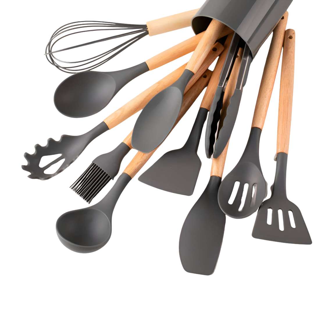 Complete 12pcs Bamboo-Silicone Utensils for Cooking & Baking