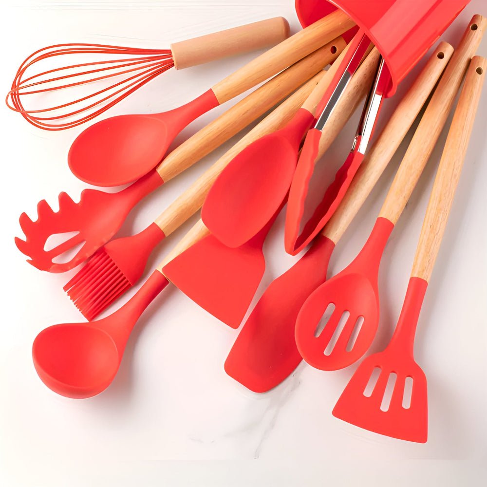 Complete 12pcs Bamboo-Silicone Utensils for Cooking & Baking