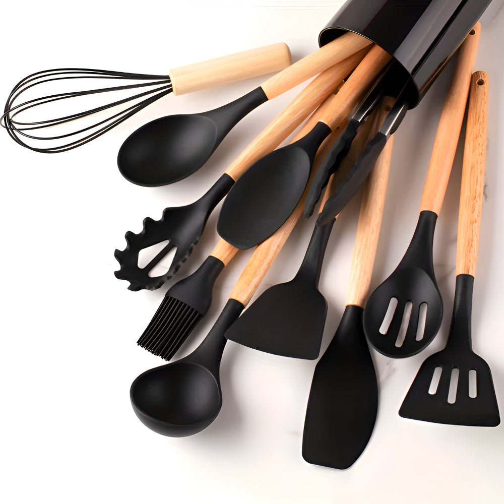 Complete 12pcs Bamboo-Silicone Utensils for Cooking & Baking